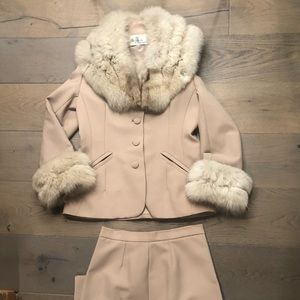 Vintage 1970s does 1940s Lilli Ann Fox Fur Jacket Skirt Suit set pinup Nudie MOD